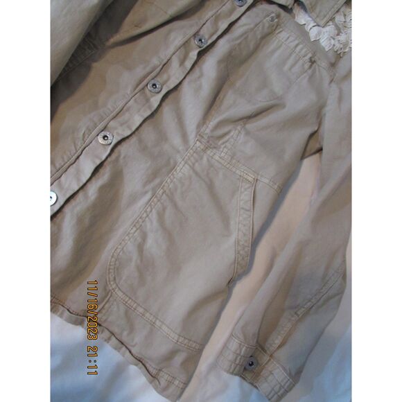 Chico's size 1 (8) tan shacket cotton lace detail safari look lagan look collar - Picture 4 of 11
